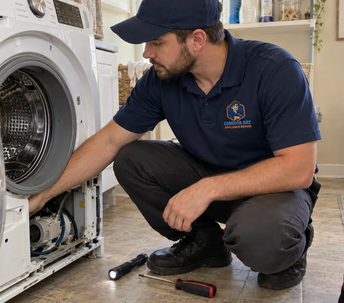 Appliance repair technician working on a washing machine in Cordova Bay